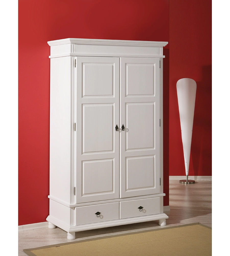 ARMADIO 2 ANTE E 2 CASSETTI, IN PINO MASSELLO BIANCO, 116X57X199 CM